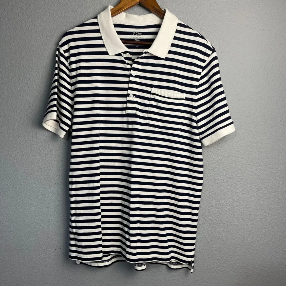 J.Crew‎ XL Navy Striped Polo Shirt Classic Fit Cotton Preppy Nautical Pocket